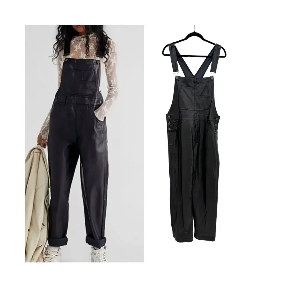 Free People Ziggy Faux Leather Overalls Black Utility Jumpsuit Size Large
